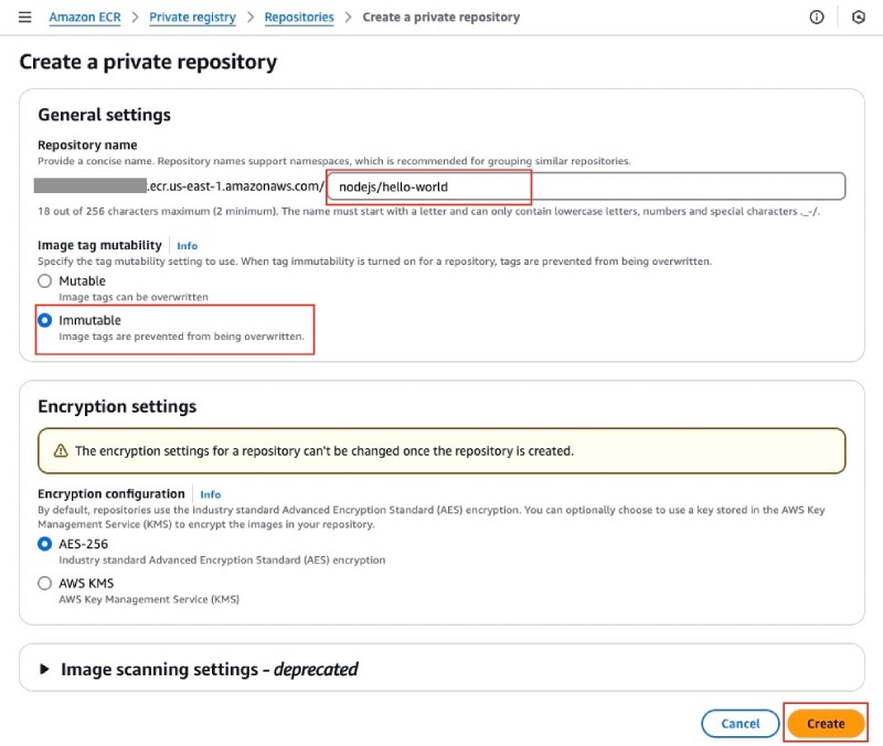 UI button to create Amazon ECR (private)
