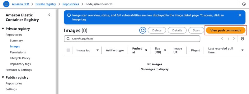 AWS Console UI showing just created private Amazon ECR without any Docker images