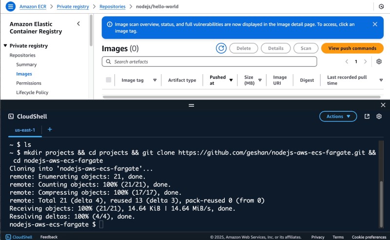AWS Console UI showing AWS CloudShell with create project related commands