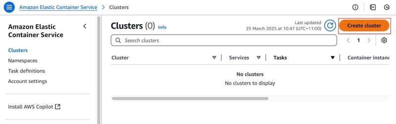 AWS console showing ECS Clusters empty page with Create Cluster button