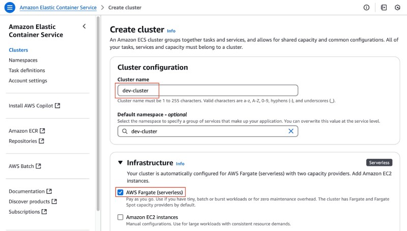 AWS console showing ECS create cluster form with name and infrastructure section