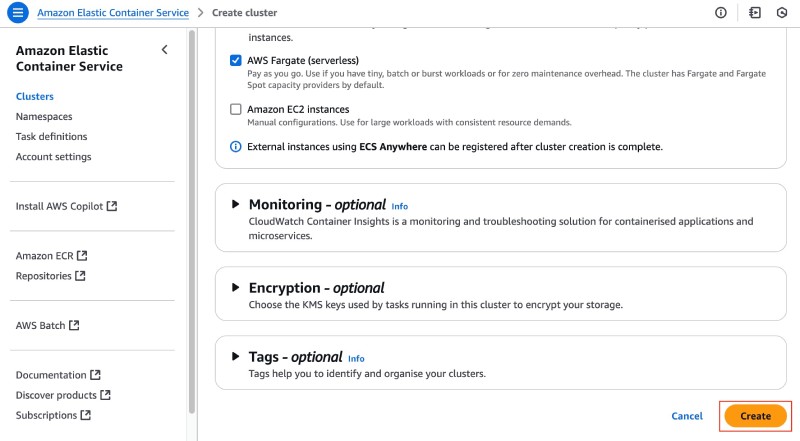 AWS console showing ECS create cluster form's end section with Create button