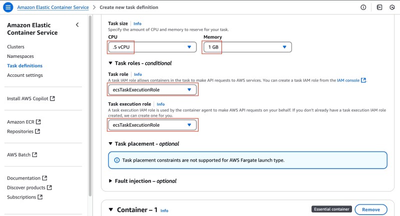 AWS console showing ECS Create new task definition form with task resources and roles
