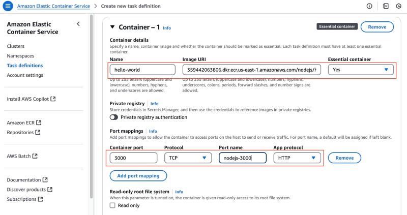 AWS console showing ECS Create new task definition form with task container settings like name, Image URI, port, protocol, etc
