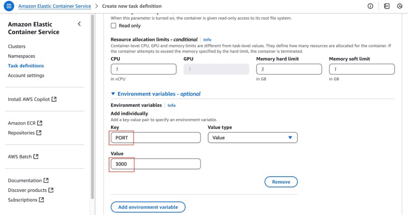 AWS console showing ECS Create new task definition form with task container settings adding PORT environment variable