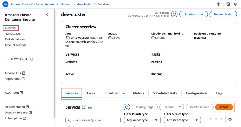AWS console showing ECS service create link in the Cluster page, Services tab