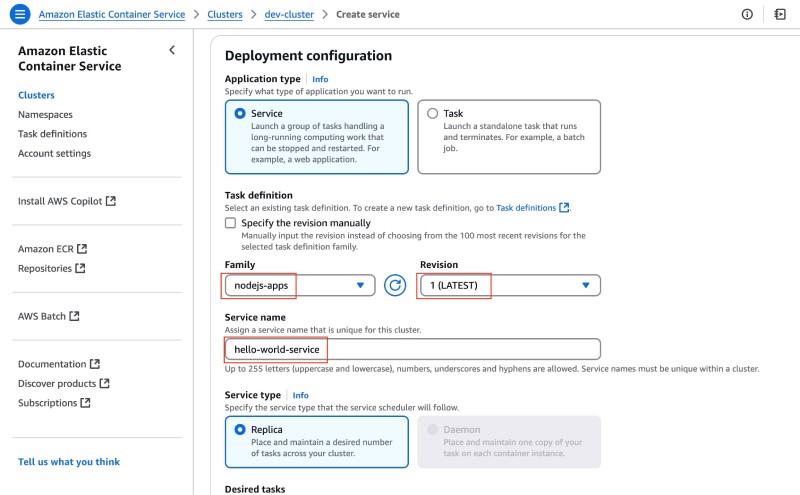 AWS console showing ECS service create form with deployment configuration