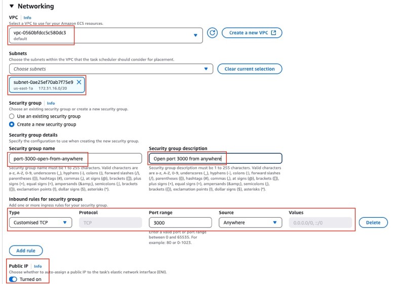 AWS console showing ECS service create form with networking and security group configuration