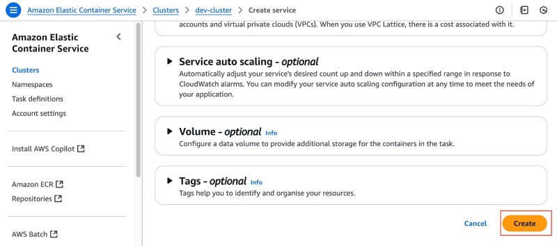AWS console showing ECS service create form with the Create button at the end