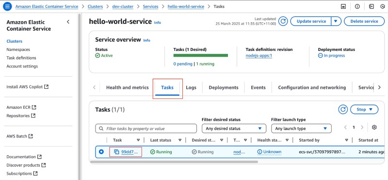 AWS console showing ECS service running and Tasks tab selected