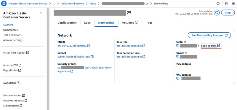 AWS console showing ECS service task and the networking tab with the Public IP