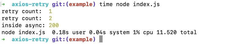 Axios retry script with 3 retries and exponetial backoff output