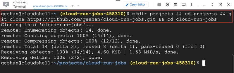 Create projects directory and clone project into it, then go into cloud-run-jobs directory