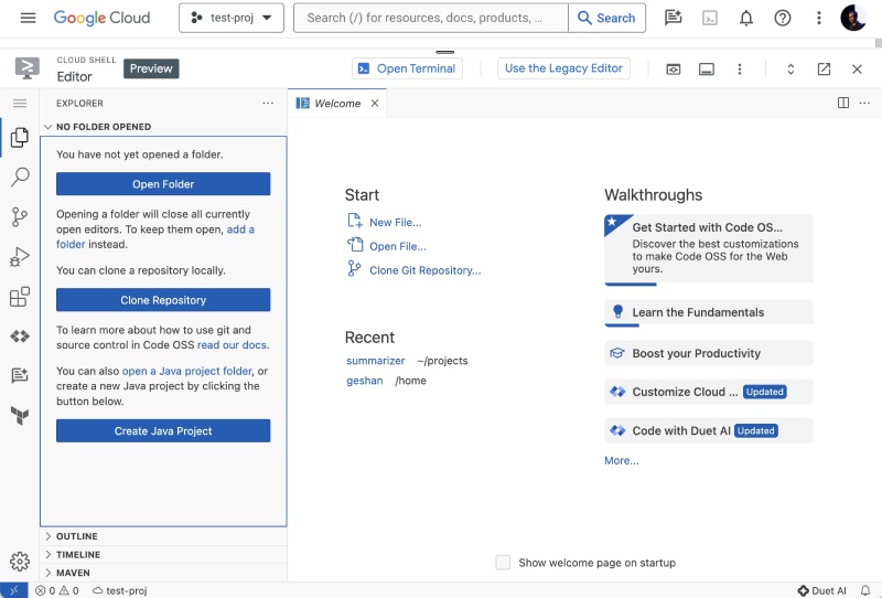 The new Google Cloud Shell Editor ready for use, looks similar to VS Code