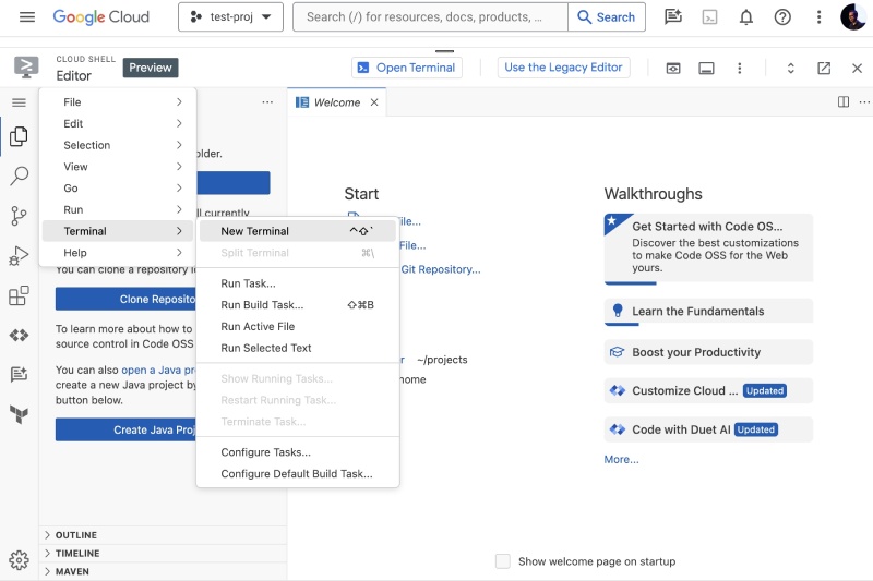 Open the terminal inside the Google Cloud Shell editor