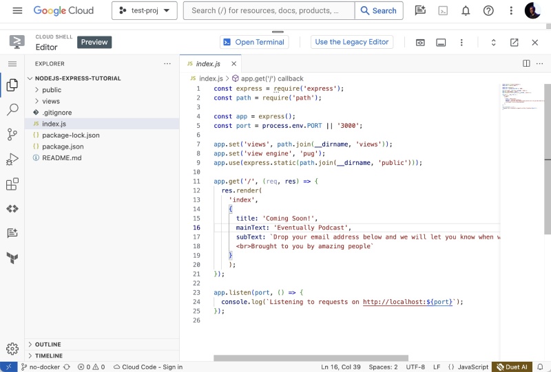 Open the right file from the project in the cloud shell editor