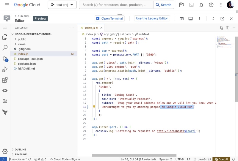 Edit the open file to add desired content on the Google Cloud Shell Editor