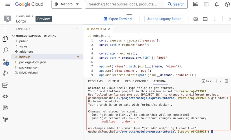 Save the edited file on the Google Cloud Shell Editor