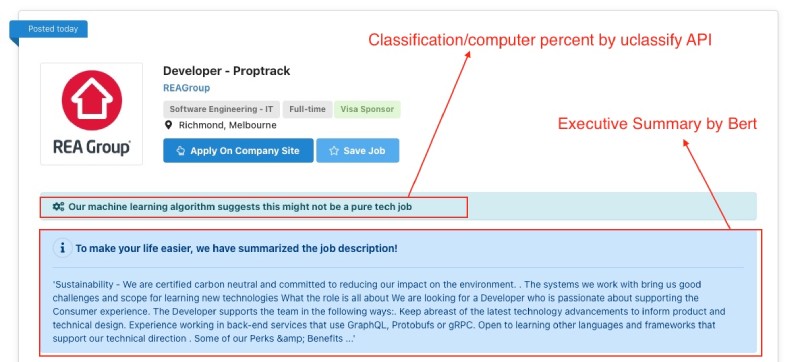 AU Tech Jobs job detail page features of summary and tech job categorization and percent