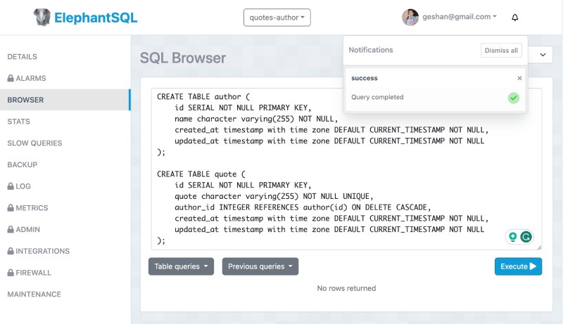 reate tables author and quote with in a one to many parent child relationship
