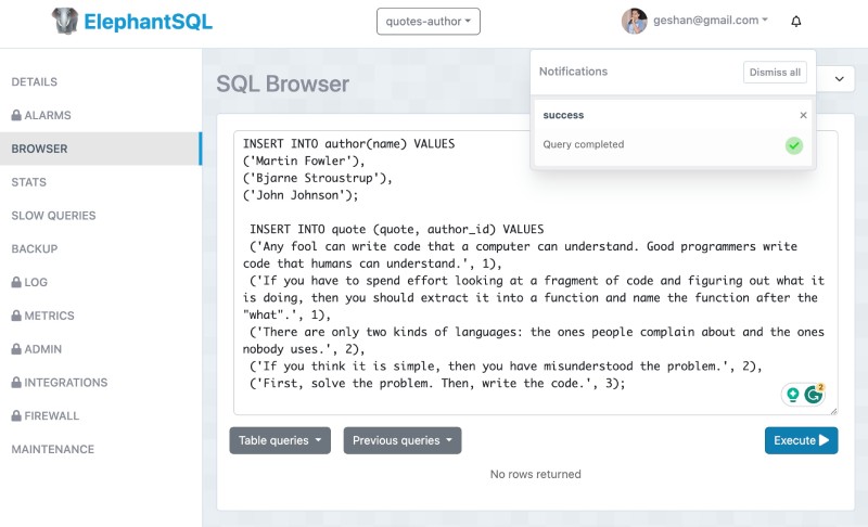 Insert data on tables author and quote