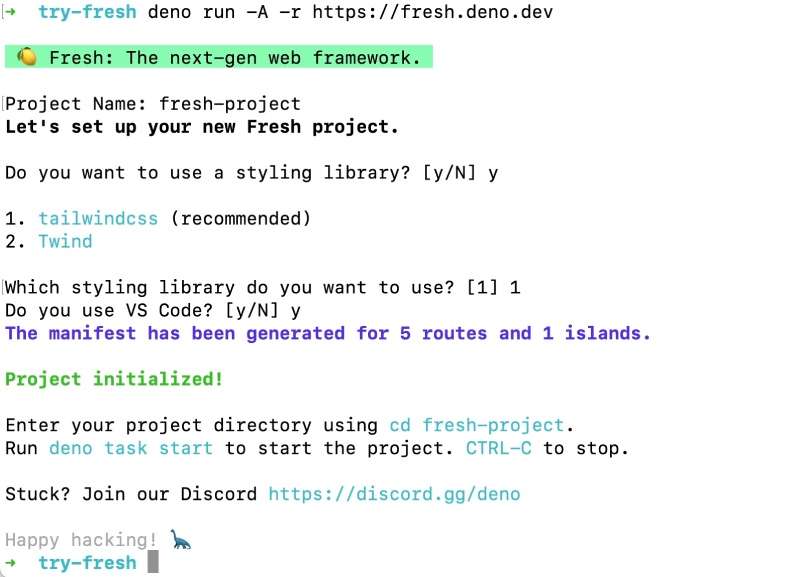 Installing Deno fresh with local deno command