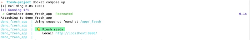 Docker compose up result for Deno app (Fresh)