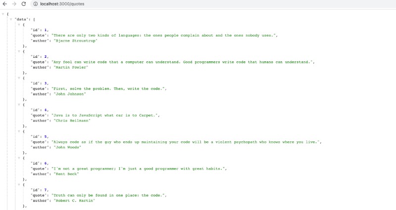 Quotes API working with Dockerized Node.js and PostgreSQL using docker-compose