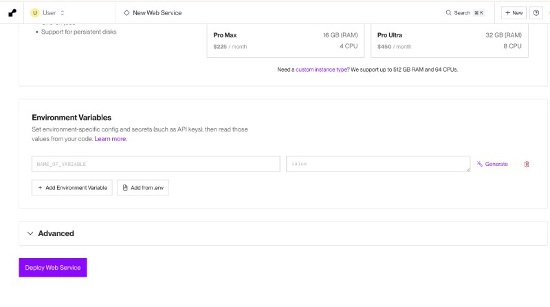 Configure build and start command for Render web service
