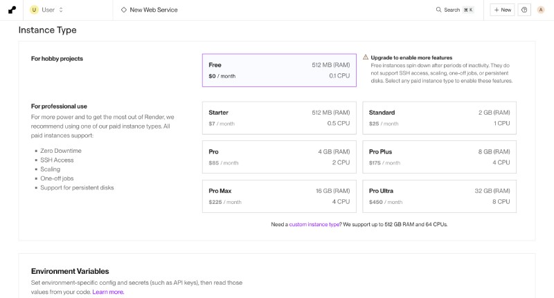 Choose Free Web Service Plan