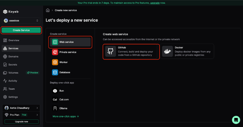 Create new service on koyeb