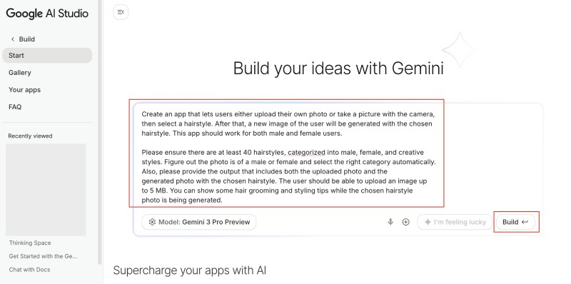 Hair style changer app prompt on Google AI Studio Build -> Start