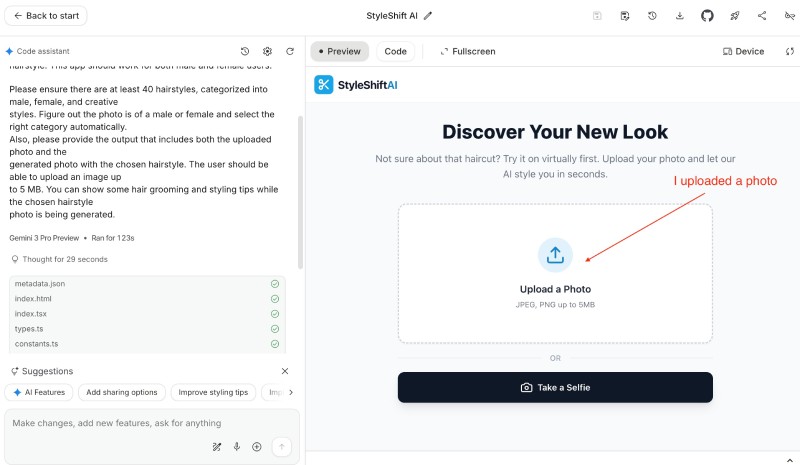 Hair style changer app preview on Google AI Studio