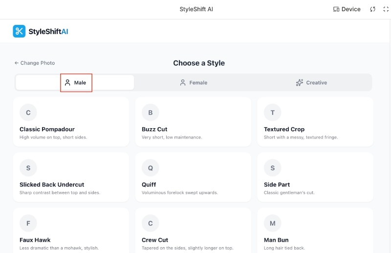 Hair style changer app on Google AI Studio preview with list of male hair style after uploading a photo