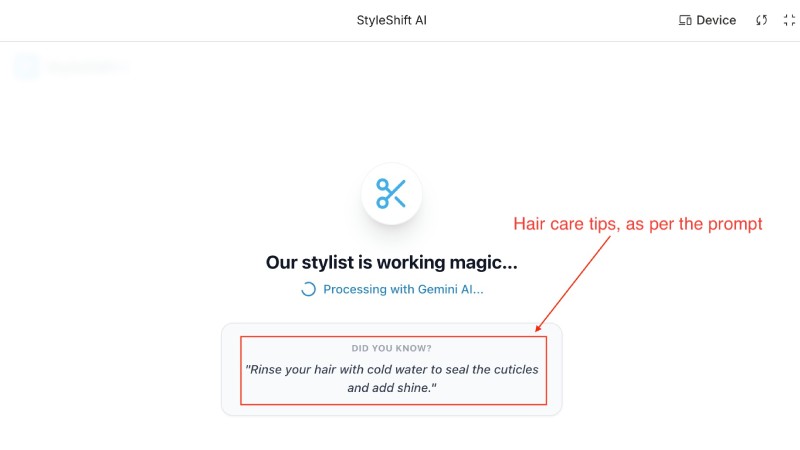 Hair care tips showing on the loading screen as per the prompt to Gemini 3