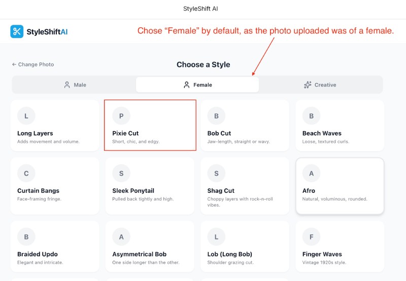 List of female hair styles on Google AI Studio preview as a female photo is uploaded