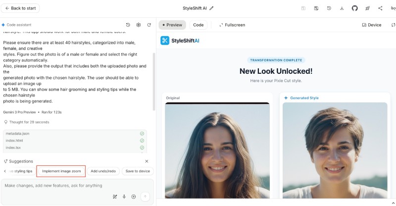 Google AI Studio suggesting other features for the hair style changer app