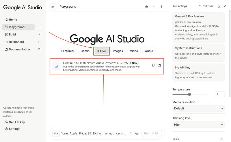 Google AI Studio Live Audio feature selection
