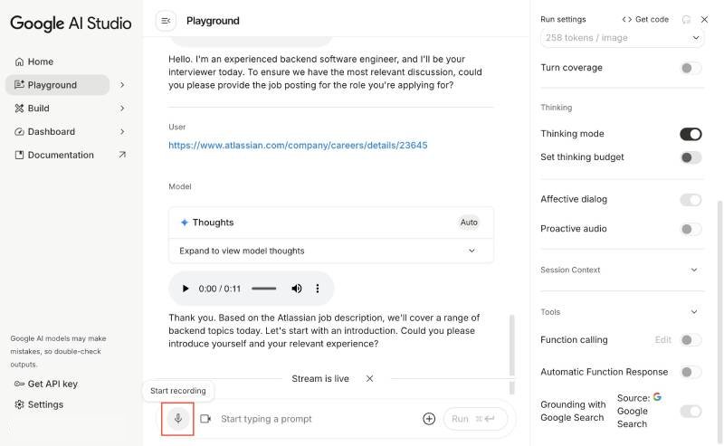 Giving your backend engineer introduction using the Gemini Live interviewer prompt