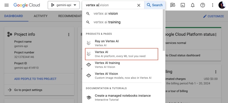 Search for vertex ai on the GCP console search bar