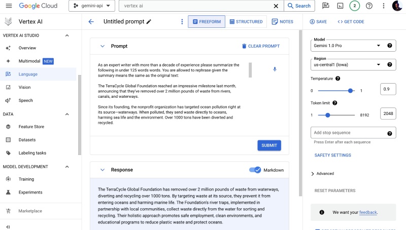 Text summary generated on Vertex AI with Gemni 1.0 Pro model