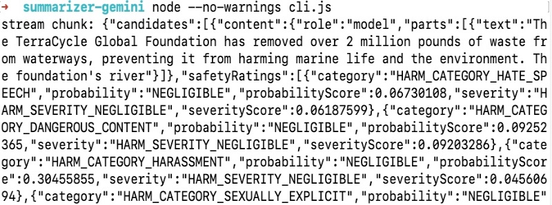 Streamed output of the sample code copied from the Vertex AI Studio interface