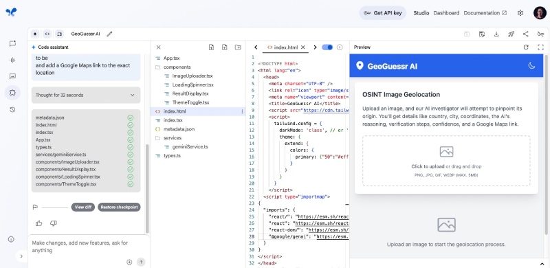In a couple of minutes the React, Vite app is created with Tailwind CSS styling that can guess the geo location for a given picture, it also has a dark and light theme switcher