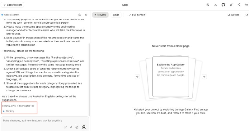 Google AI Studio building the resume reviewer app