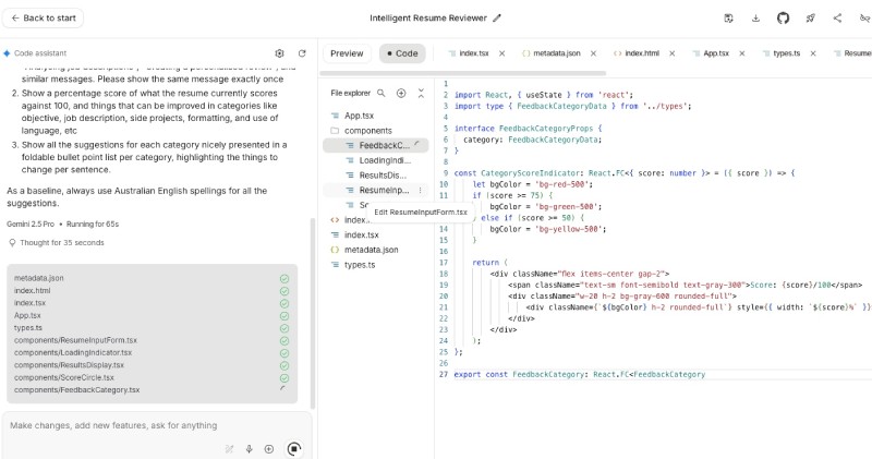 Google AI Studio generating code for the resume reviewer app