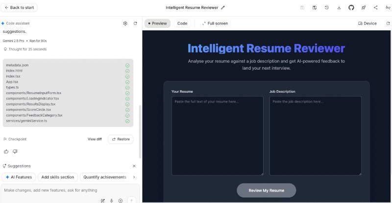 Google AI Studio preview of the resume reviewer app