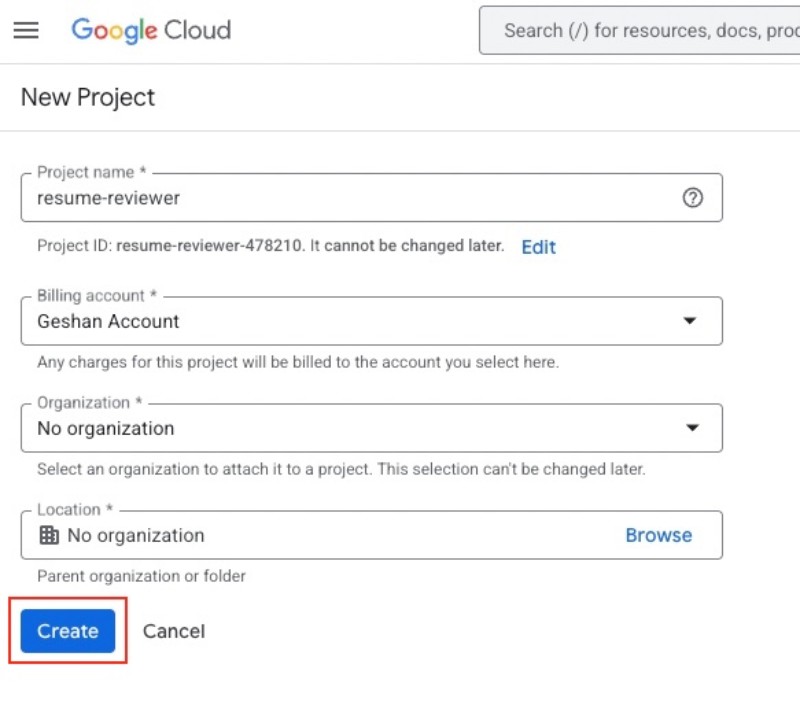Google Cloud create project called resume-reviewer