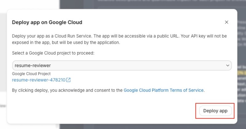 Google AI Studio deploy app button