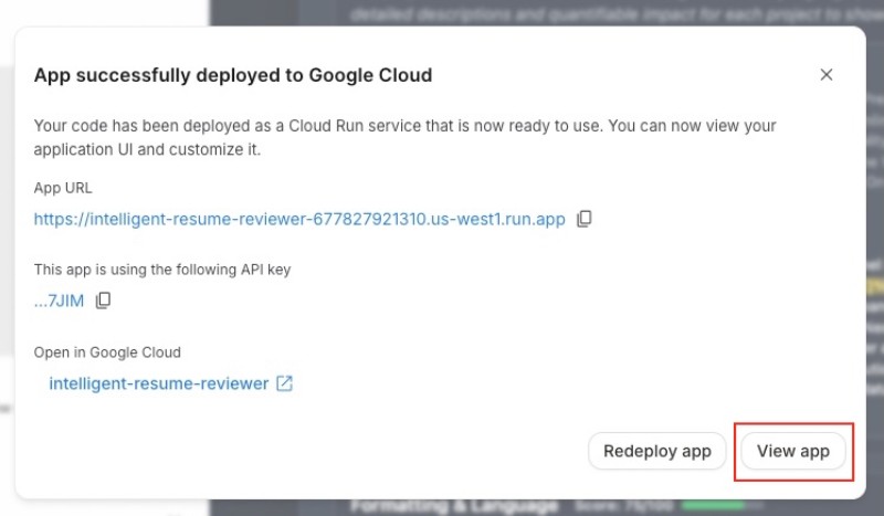 Google AI Studio deployed resume reviewer app