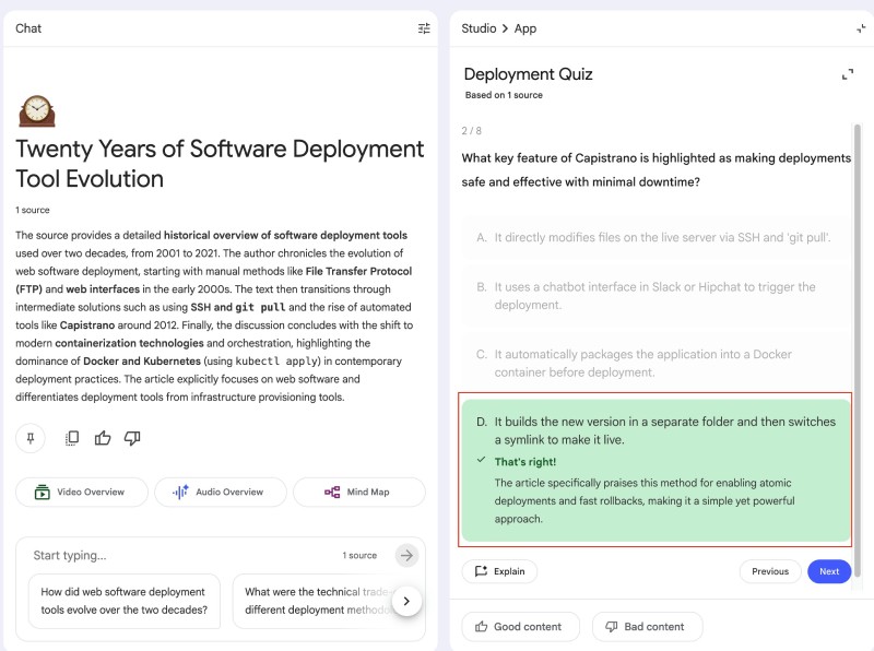 NotebookLM genreated Quiz with the right answer selected